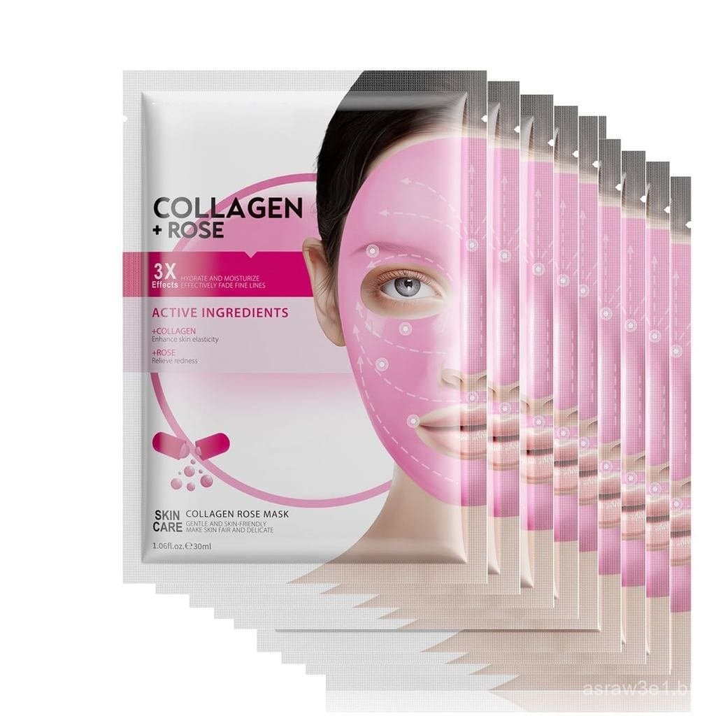 1 Pacote com 10 Máscaras Faciais Hidratantes de Colágeno e Rosa, Máscara Facial Calmante, Hidratante e Firmadora, 1,05 f