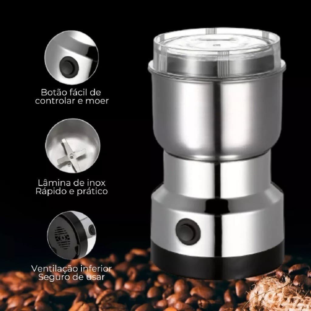 Moedor Elétrico Café Grãos Inox 150W Multifuncional 110V Compacto Potente Profissional TUDO