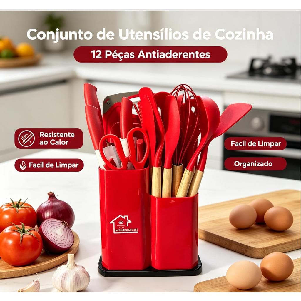 Kit 19 Utensílios de Cozinha Luxo Tábua Silicone Espátulas Facas Tesoura Multifuncional