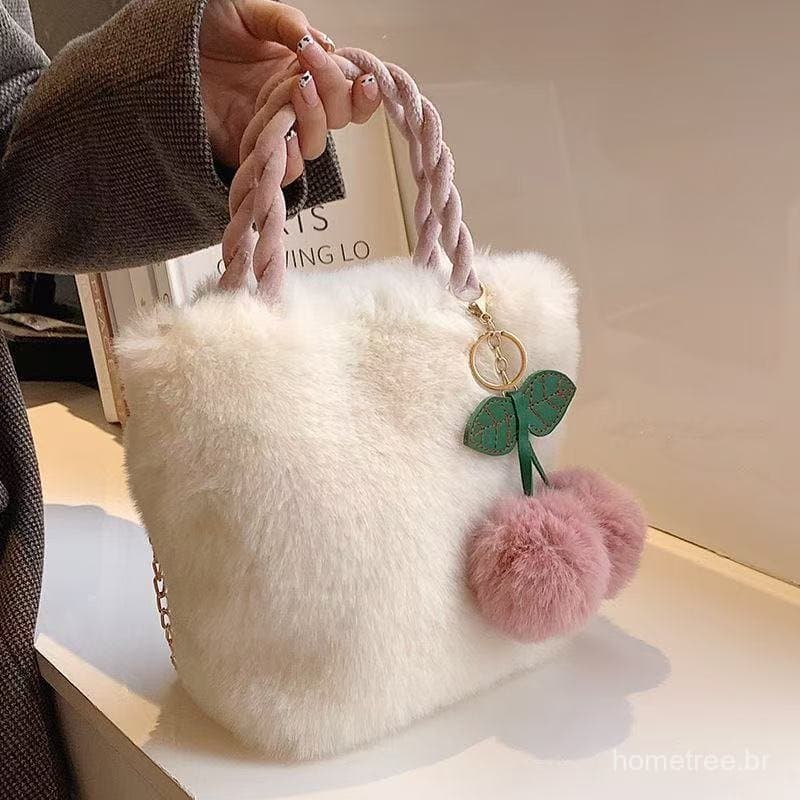 Bolsa Pelúcia Cereja - Bolsa Feminina Mão/Ombro Fofa Inverno 19cm