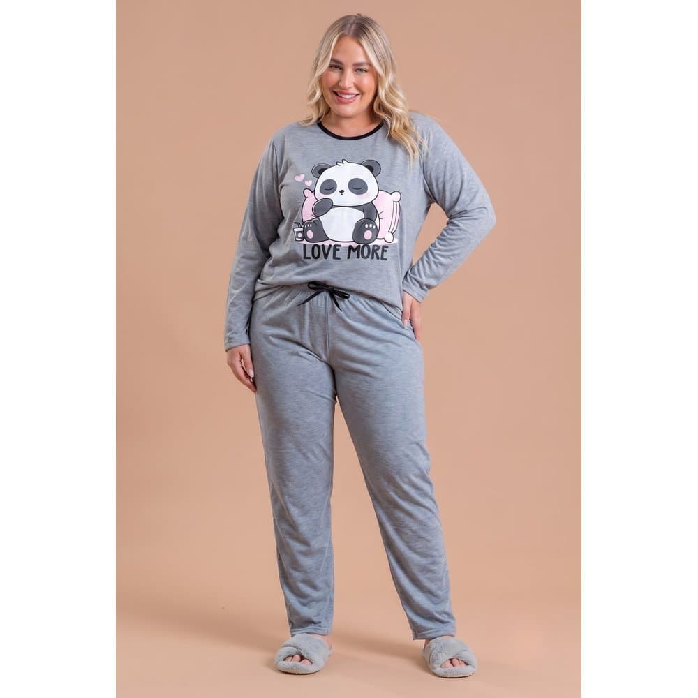 Pijama Longo Feminino Inverno Adulto Calça Plus Size Love More Panda