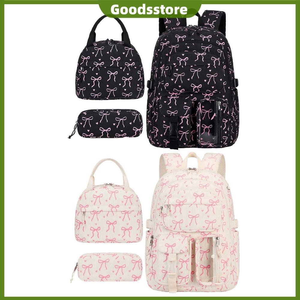 Bolsa Feminina De Veludo Cotelê Com Laço , Mochilas Escolares De Grande Capacidade Lancheira E Estante 3 Em 1 [Goodsstor