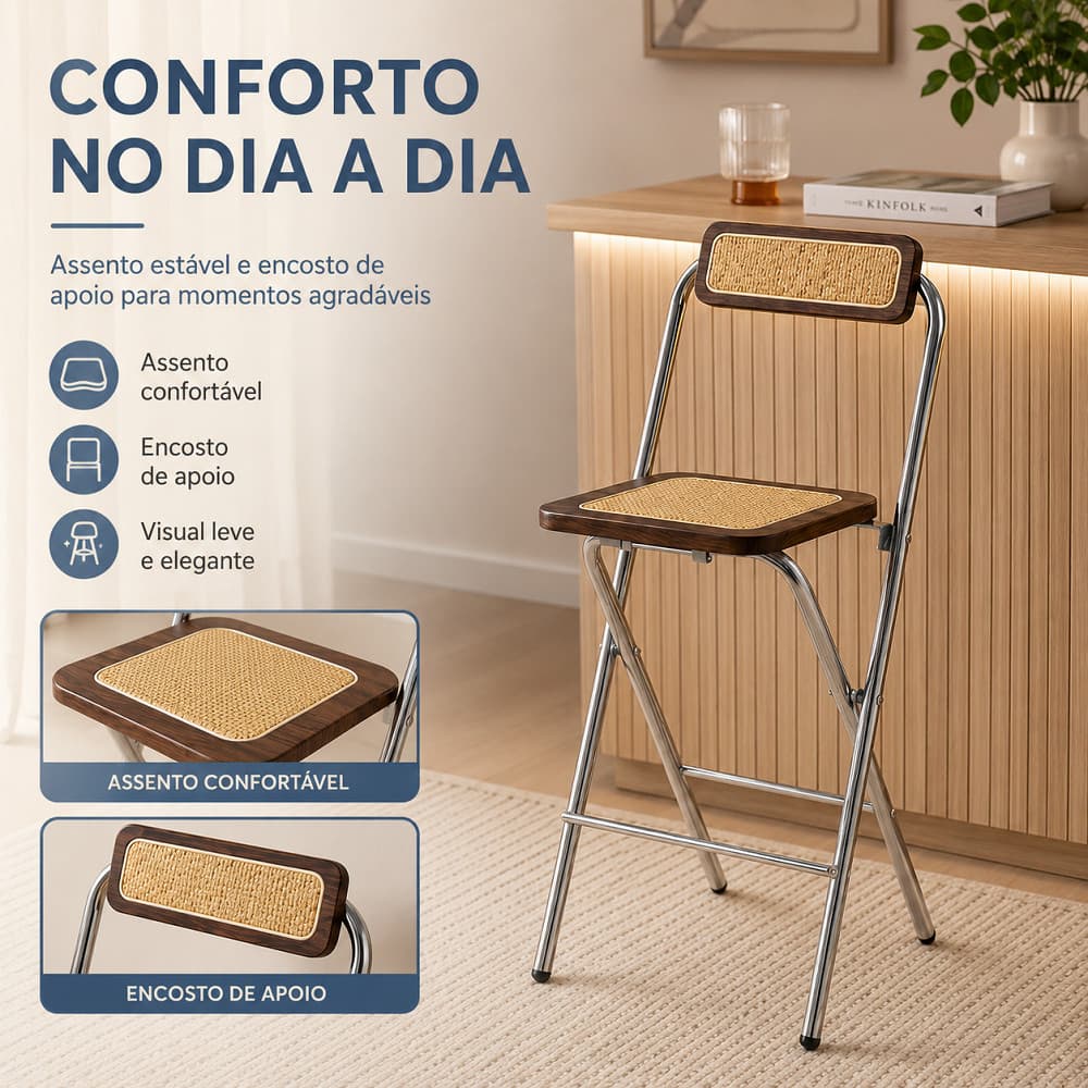 Banqueta Dobrável Rattan Para Balcão 65cm, Encosto De Apoio Ergonômico, Cantinho De Café E Penteadeira