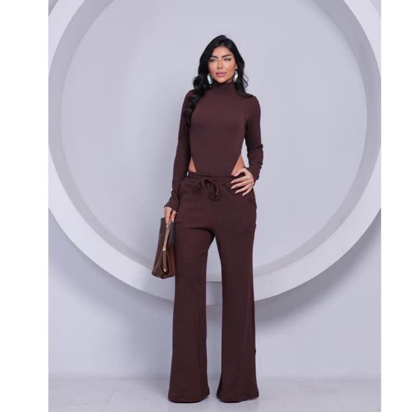 Conjunto Feminino Body Gola Alta Calça Pantalona Canelado Elegante Premium