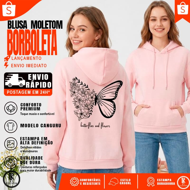 Moletom Feminino Blusa de Frio Borboleta Estampa Costas Casaco com Bolso Canguru Cordão Capuz Linha Premium
