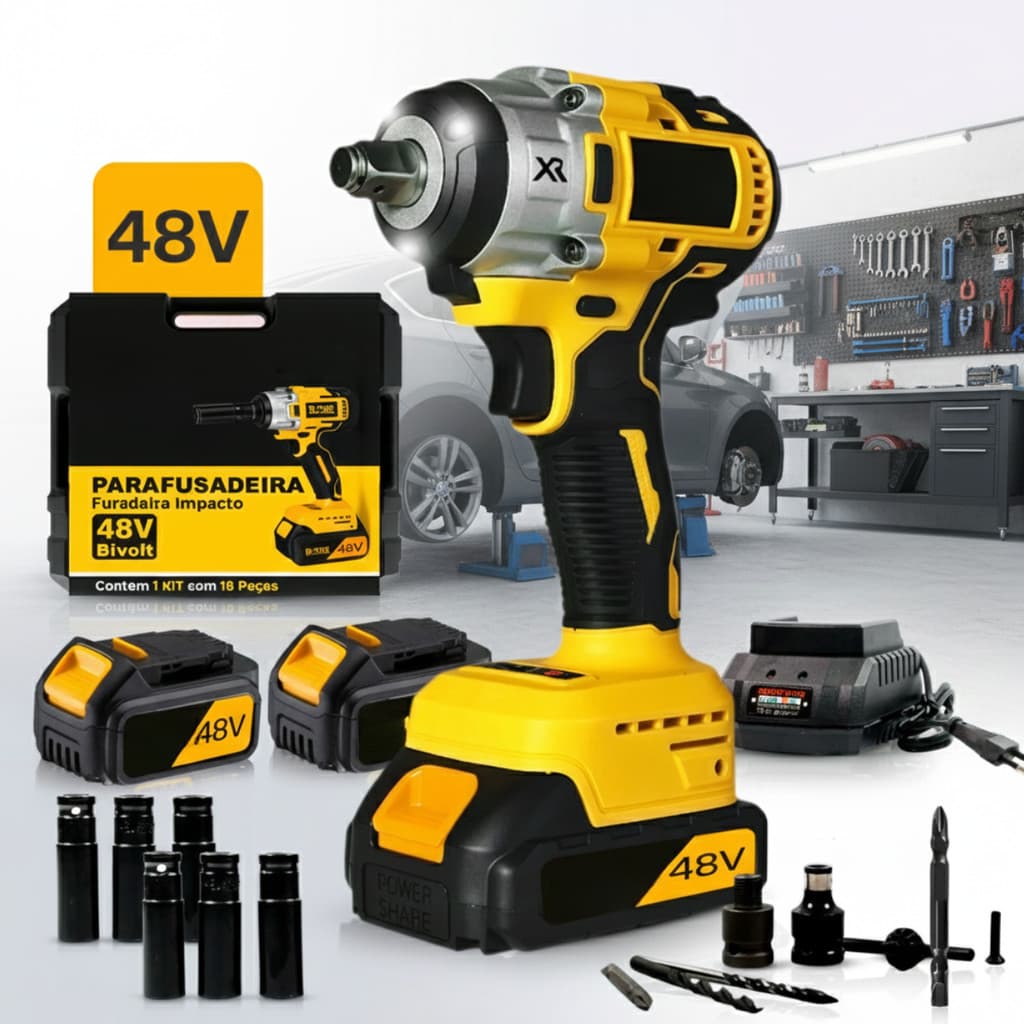 Conjunto de Furadeira/Parafusadeira de Impacto/Chave De Impacto Sem Fio Completo com Acessórios 2 Bateria 48v
