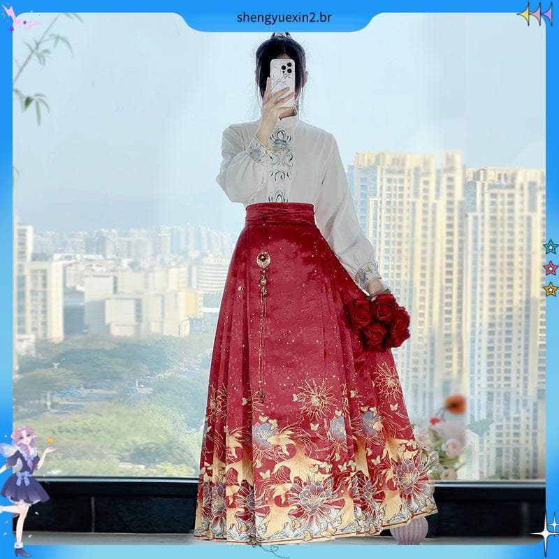 Original Hanfu feminino sombra de peixe Floral fragrância feita gola estilo chinês diário impresso saia cavalo genuíno d