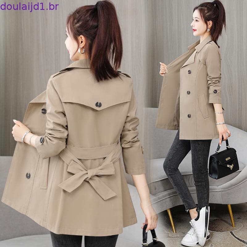 Casaco Trench Feminino com Cinto para Primavera e Outono 2023, Manga Longa, Curto, Estilo Slim YVUJ
