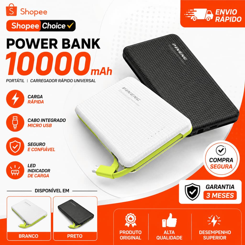 ⚡ Power Bank 10000mAh Carregador Portátil Rápido Universal Pineng Original