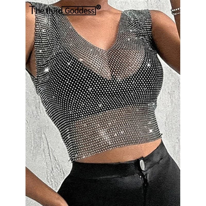 Top cropped sensual estilo Y2K de verão com decote em V, transparente, em malha de rede, tipo corset, para mulheres, par