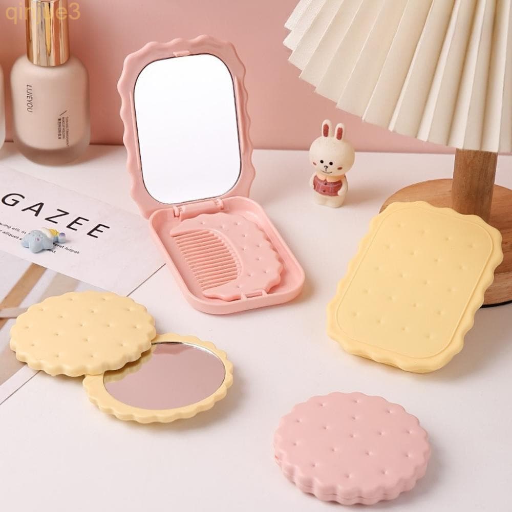 Espelho Compacto Em Forma De Biscoito Bonito Com Mini Pente Dobrável Portátil , Design Kawaii , De Bolso De Maquiagem
