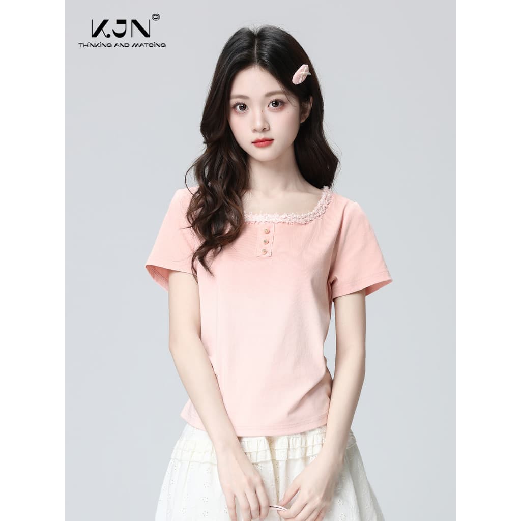 Rosa gradiente quadrado pescoço de manga curta camiseta feminina 2026 verão novo estilo Design sentido cintura estreita