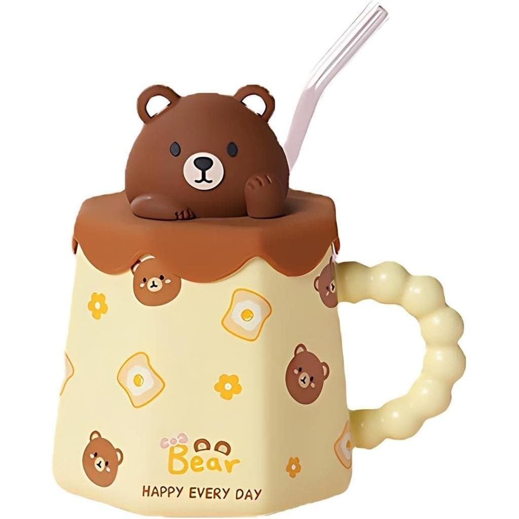 Caneca de Cerâmica Kawaii de 14oz para Chá/Café com Canudo - Tema Animal - Urso Amarelo | CanecaEngraçadaDeAnimalCanecaD