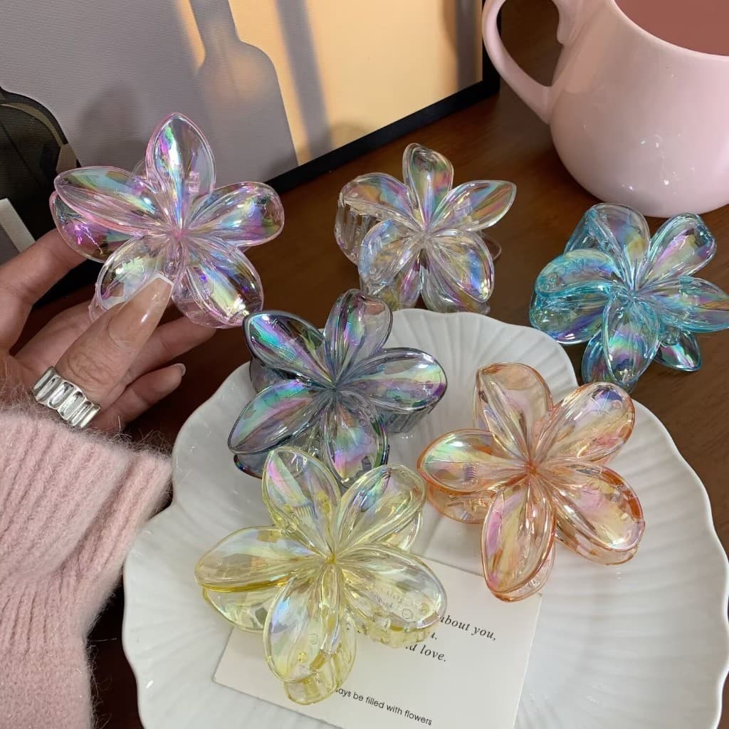 Grampo De Cabelo Frangipani Transparente-Punho De Flor Colorida Para Mulheres , Acessório De Resort De Praia