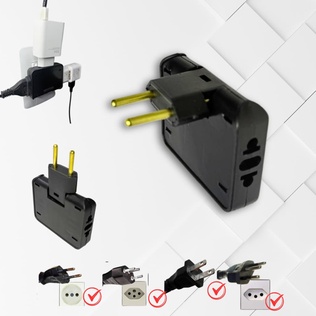 Adaptador T Benjamim Tomadas Universal 10A 20A Ajuste 90° Preto 3 Saídas
