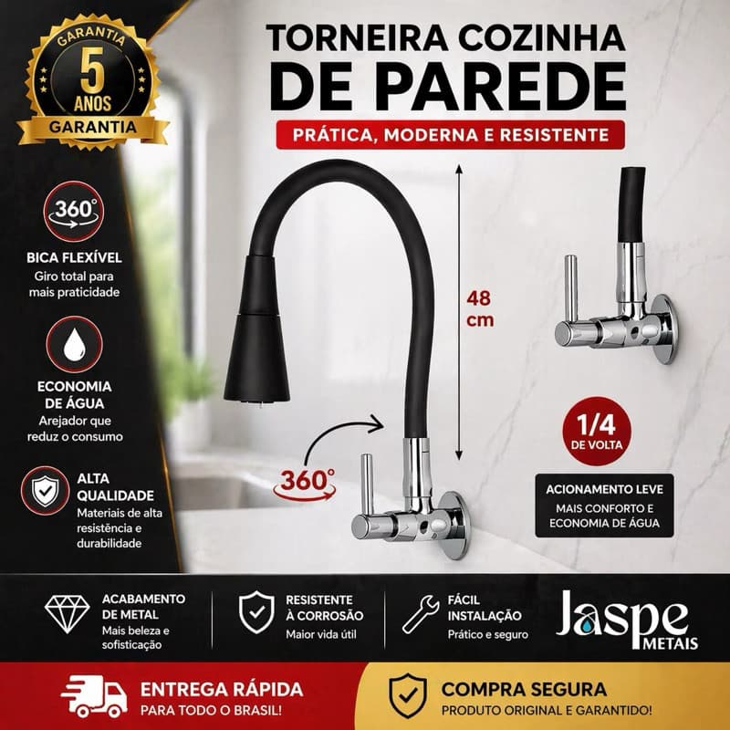 Torneira Gourmet Preta Tubo Silicone - 2 Jatos Parede Preta