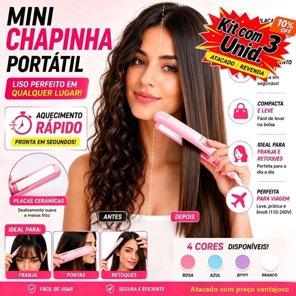 ✨ Kit 3 Mini Chapinha Portátil Bivolt com Case | Prancha Alisadora de Cabelo Compacta para Viagem | Atacado