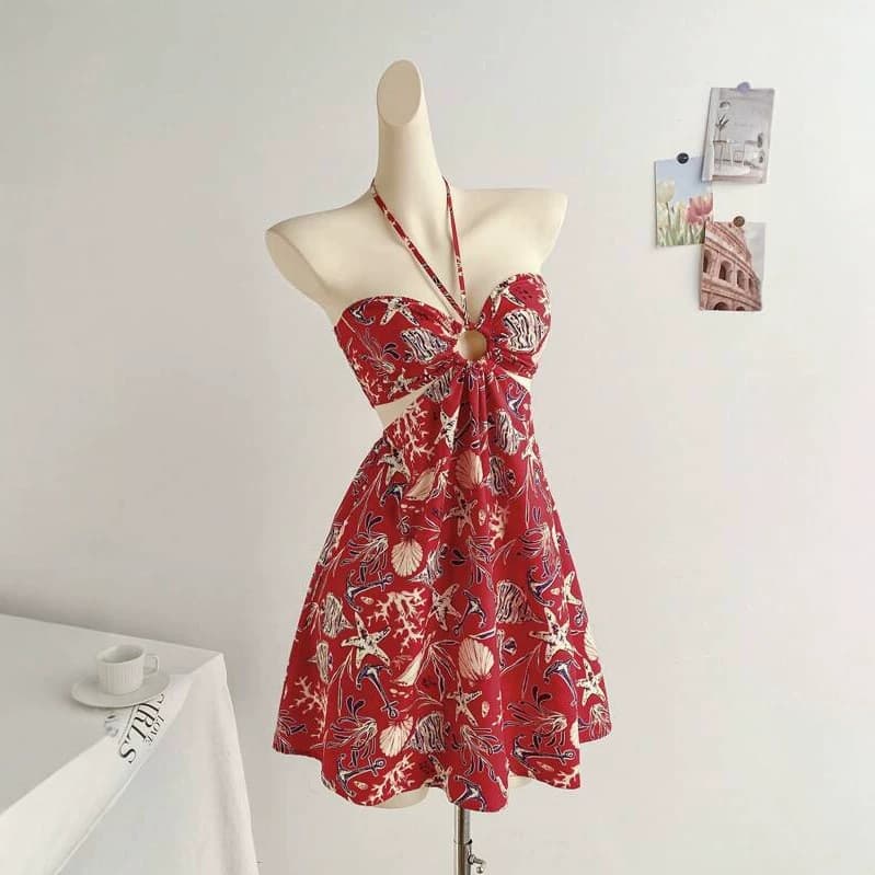 Vestido superior tubo Halterneck vermelho oceano Floral oco cintura vestido mais vendido