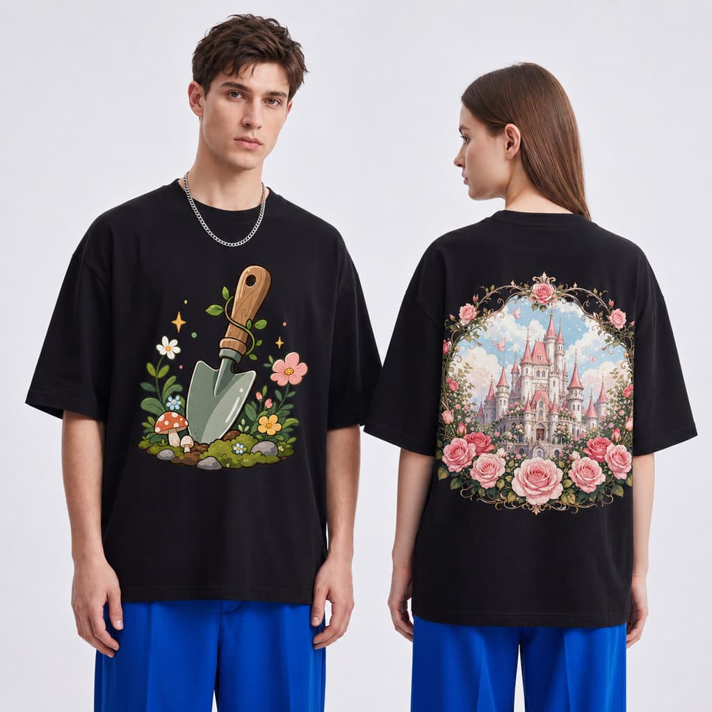 Camiseta Básica Preta Fada do Jardim Pá Castelo de Rosas 100% Algodão Unissex