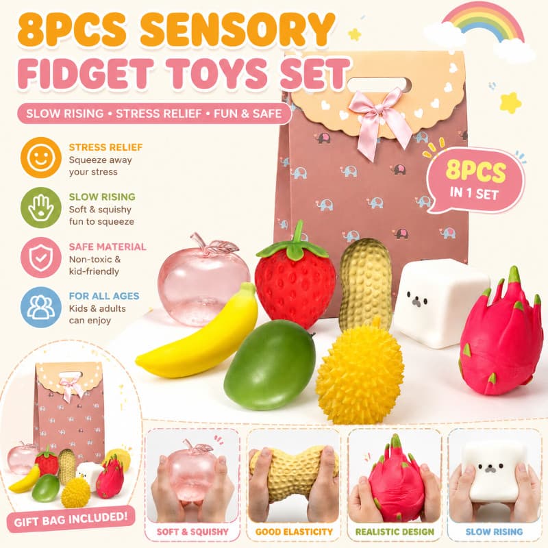 8 Pçs Sensorial Brinquedos Conjunto Lento Subindo Mole Simulação Frutas Descompressão Ventilação Brinquedo Para Crianças