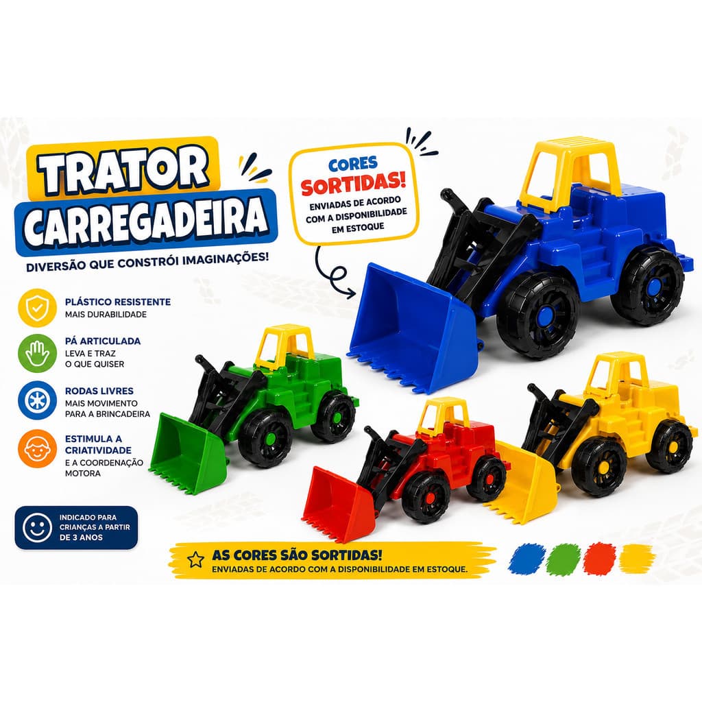 Trator Carregadeira Infantil de Brinquedo com Pá Móvel em Plástico Resistente