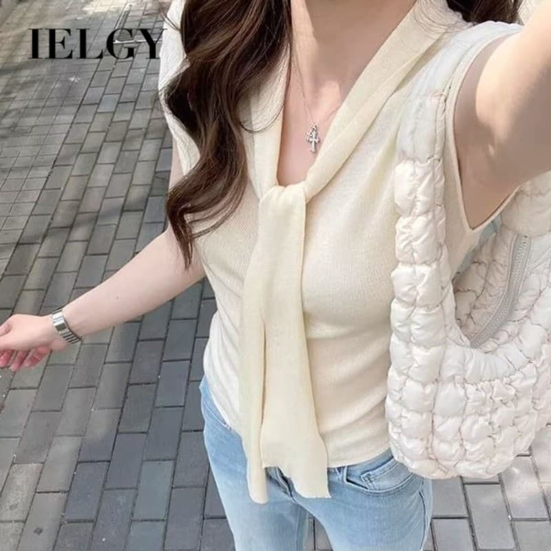 IELGY Design sentir nicho Streamer Bowknot gelo seda de manga curta camiseta feminina verão novo estilo fino-ajuste mais