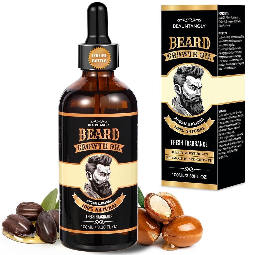 Óleo para Crescimento de Barba Masculina, 100% Puro, Contendo Óleo de Argan, Óleo de Jojoba, Óleo de Rícino - 3.38 FL/10
