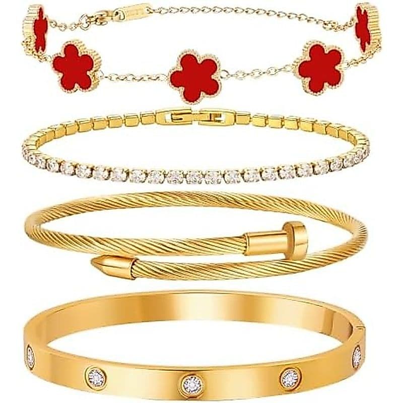Pilha De Pulseira De Amor Banhada A Ouro 18 K Para Mulheres , Conjunto De 4 Correntes De Trevo Florais , Cristal De Têni