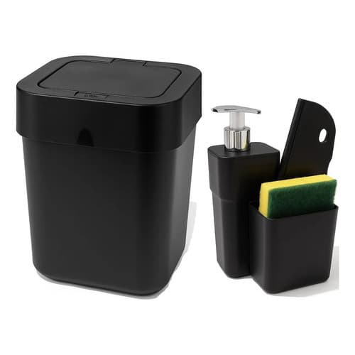 Kit Lixeira Click Pia 4 L + Porta Detergente Bucha E Rodinho
