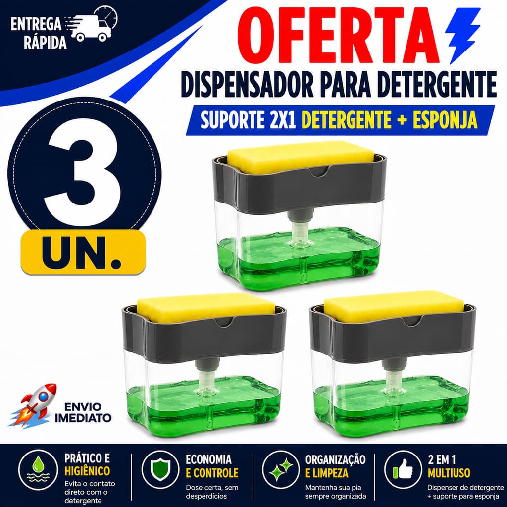 DISPENSER MANUAL PARA DETERGENTE COM PORTA ESPONJA COZINHA GOURMET
