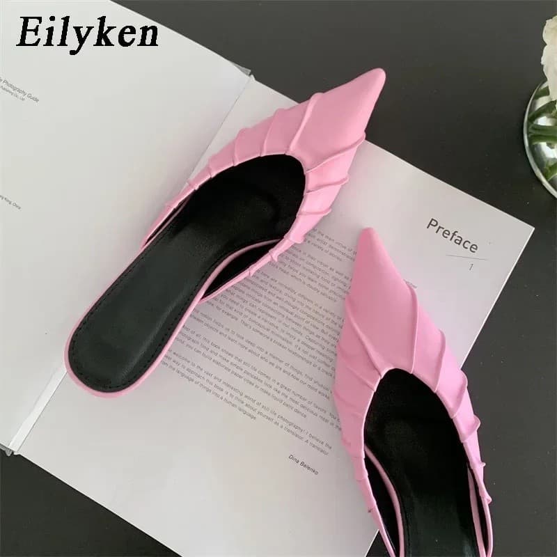Chinelos Femininos Eilyken Fashion em Roxo e Rosa com Bico Fino, Estilo Casual Simples, Salto Baixo Fino, Mules para Mul