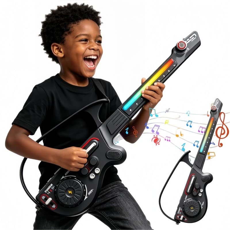 Instrumento Musical Infantil Guitarra com Luzes LED, Modo DJ Bluetooth, Brinquedo de Música Presente para Crianças