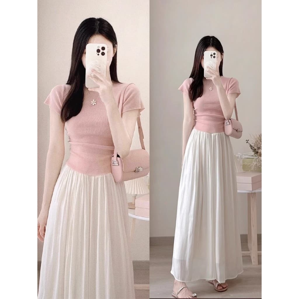 Rosa Irregular Formal ombro de manga curta camiseta feminina verão estilo fino malhas de seda gelo magro @-