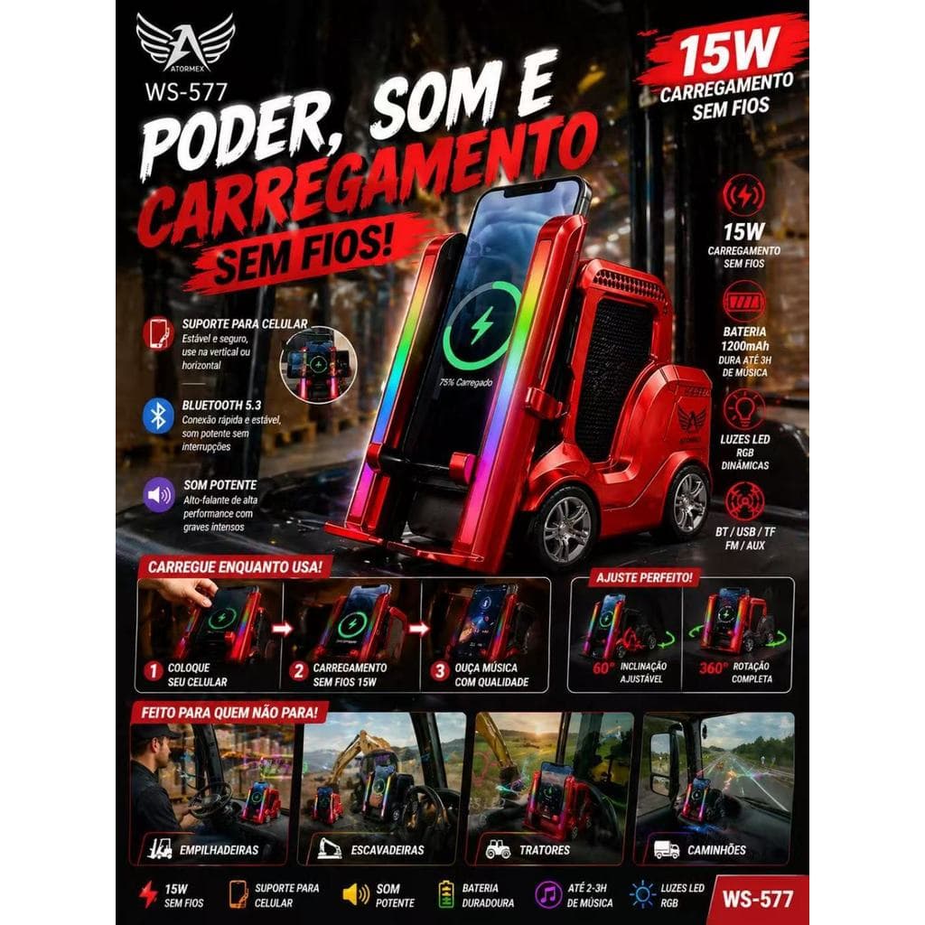 WS-577Poder, som e carregamento sem fio em um só! Ideal para seu dia a dia com estilo e praticidade