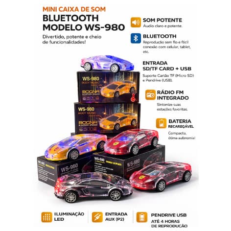Caixa de Som Carro WS-980 Bluetooth 5W LED RGB FM USB TF