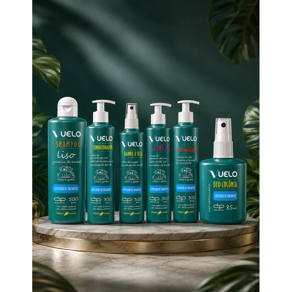 Kit Dolce Pet Shampoo Liso + Condicionador + Banho á Seco + Leave-in + Fluido + Colônia Explosão de Encantos