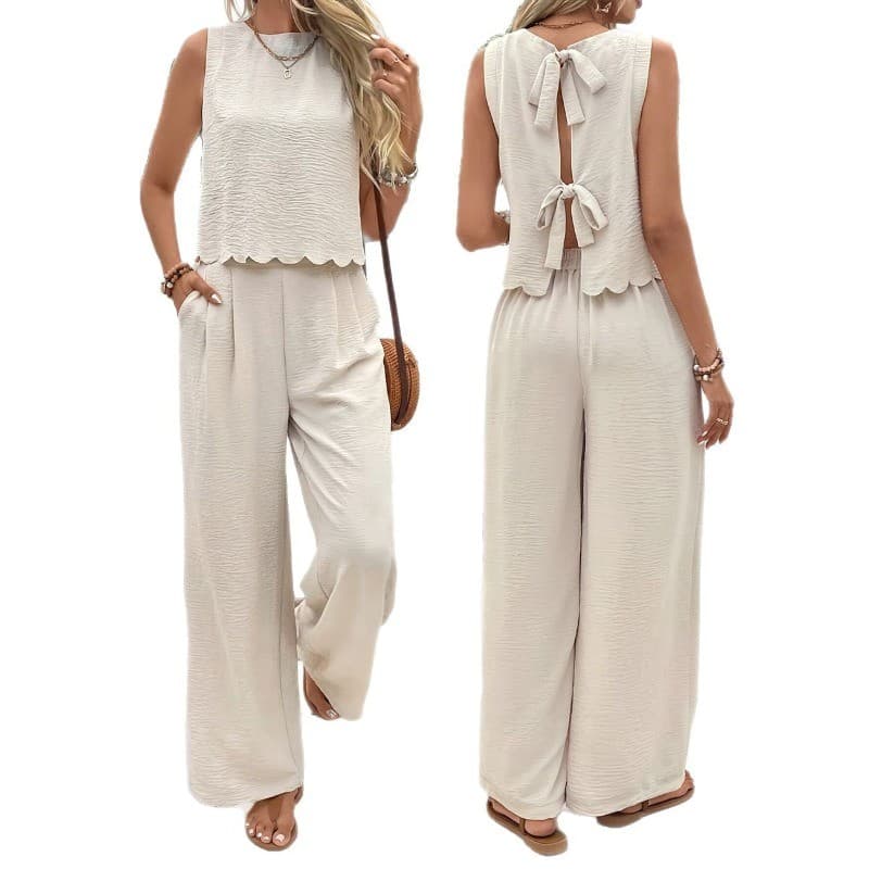 Conjunto Feminino De Duas Peças De Verão , Sem Mangas , Top Recortado , Nó Traseiro , Cintura Elástica