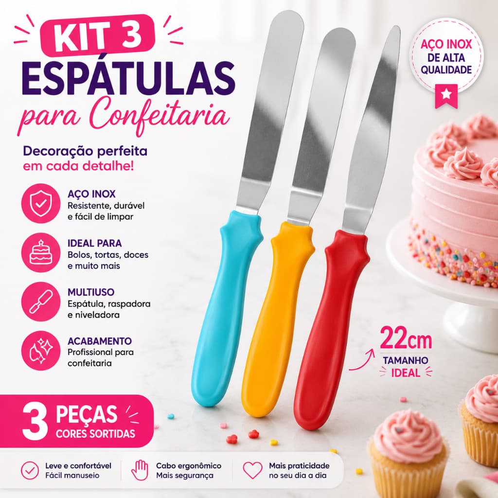Kit 3 Espátulas Confeitaria Aço Inox 22cm Niveladora Decoradora Para Bolo Decorado Em Inox Multiuso
