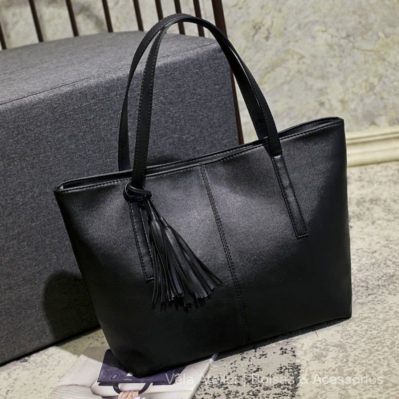 Bolsa Tote Feminina de Couro Sintético com Zíper e Franjas para Faculdade e Trabalho Estilo Coreano