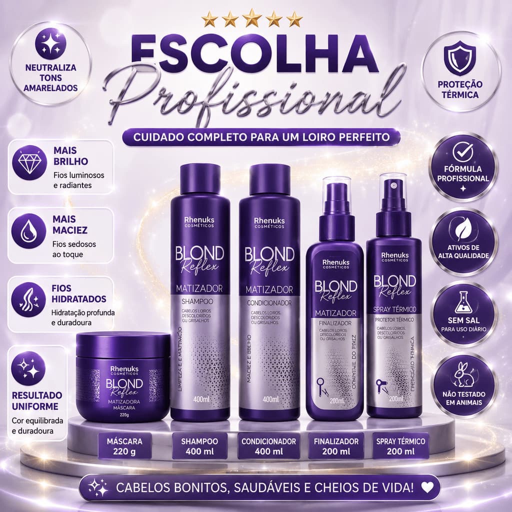 Kit 5 itens Matizador Desamarelador + Protetor Térmico Completo para Loiros,Loiro Platinado
