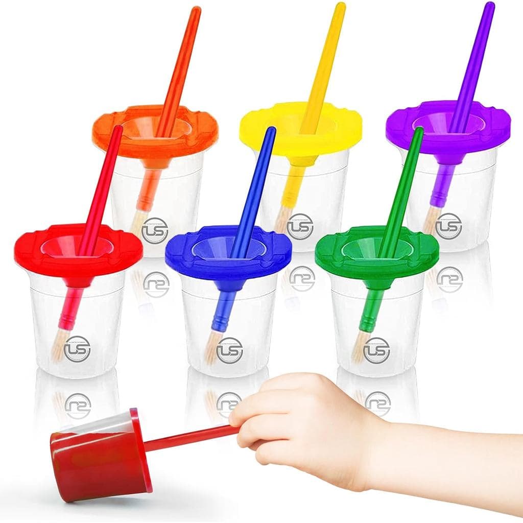 Copos de Tinta para Crianças - 6 Recipientes de Tinta com Tampas, 6 Pincéis de Pintura para Crianças - Copos de Pintura