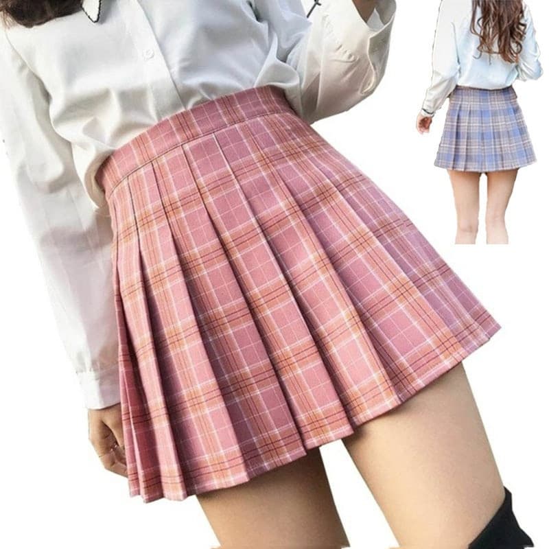Nova Saia Feminina De Cintura Alta Chique Xadrez Costura Estudantil Plissada Meninas Harajuku Pequena De Dança Doce