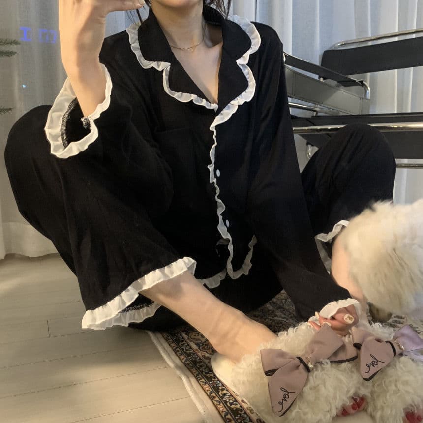 Renda de manga comprida simples preto primavera outono manga comprida calças Cardigan pijamas feminino doce solto Lounge
