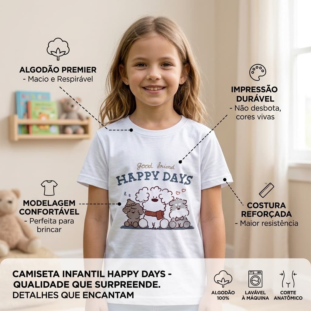 Camiseta Infantil Doodle Happy Days Branca | Blusa Menina 100% Algodão