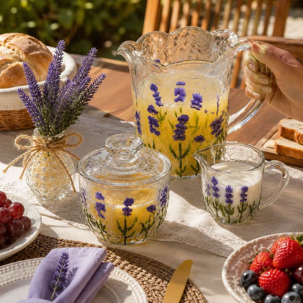 Kit Coleção Lavanda de Vidro - Com Jarra + Leiteira + Manteigueira + Vaso Decorativo