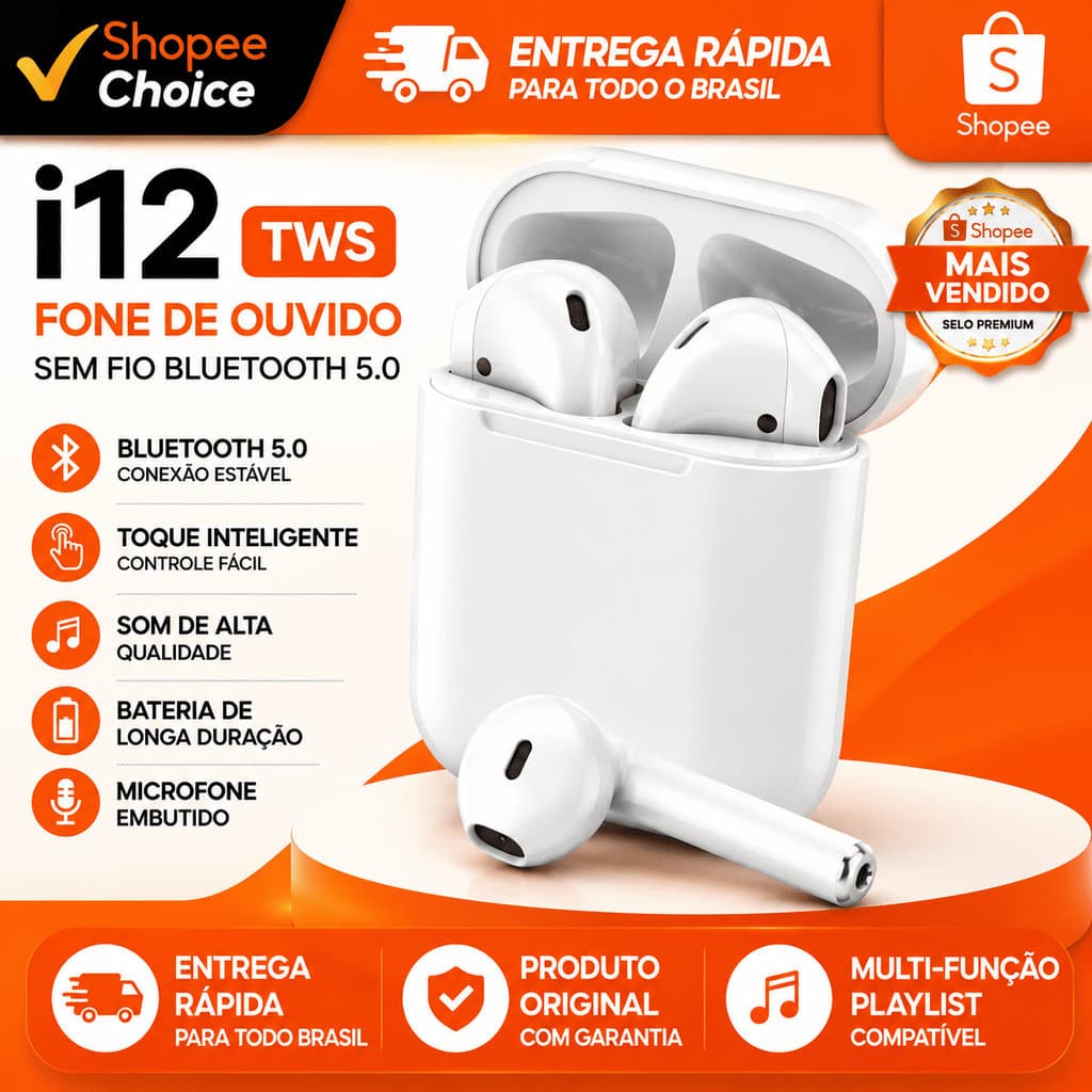 🎧 Fone de Ouvido Bluetooth i12 TWS Sem Fio Touch Bluetooth 5.0 Com Microfone Estojo Carregador Original