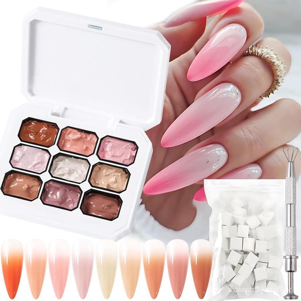 Conjunto de 9 cores de esmalte de unhas com efeito degradê, fita mista azul, produtos sólidos para unhas, caneta rosa pa