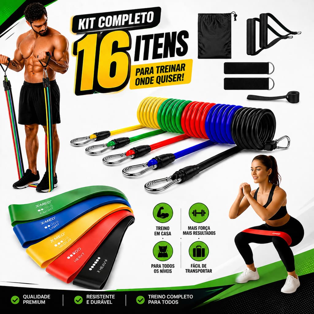 Kit 16 Itens Treino Em Casa Completo Elásticos Extensores + 5 Mini Bands Fitness Musculação Exercícios Yoga Fisioterapia