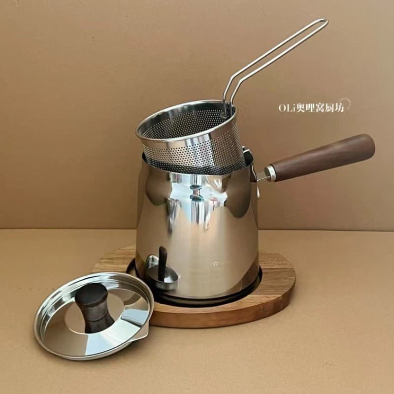 [Estoque pronto] Fritadeira de aço inoxidável 304 doméstica pequena aumentando fogão de indução Tempura com malha de fil
