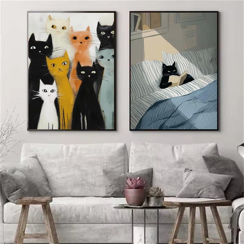 Pôster Vintage Abstrato de Gato Preto em Cena de Leitura, Pintura em Tela de Arte de Parede com Tema de Animal de Estima